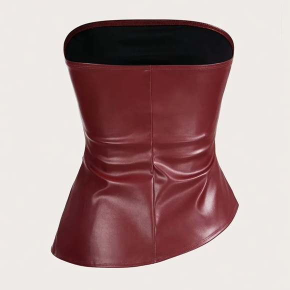 Burgundy Strapless Faux Leather Top - Picture 2 of 4